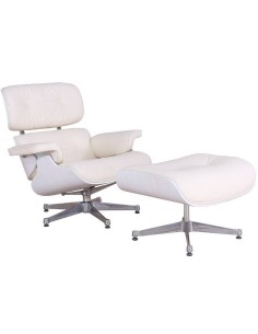 Sillón Lounge Chair Piel blanca, madera lacada, base pulida