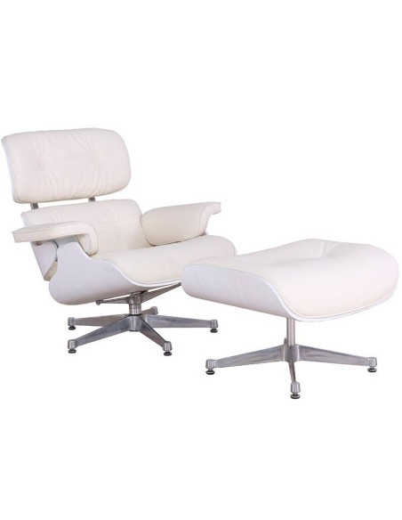 Poltrona Lounge Chair Pele branca, madeira lacada, base polida