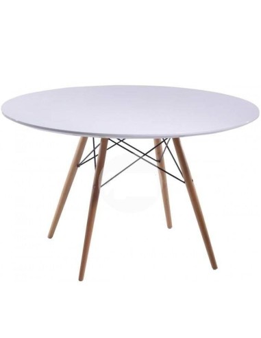 Mesa de comedor de diseño TOWER inspirada en Eames, patas madera natural, sobre lacado blanco brillo 120 cm de diámetro