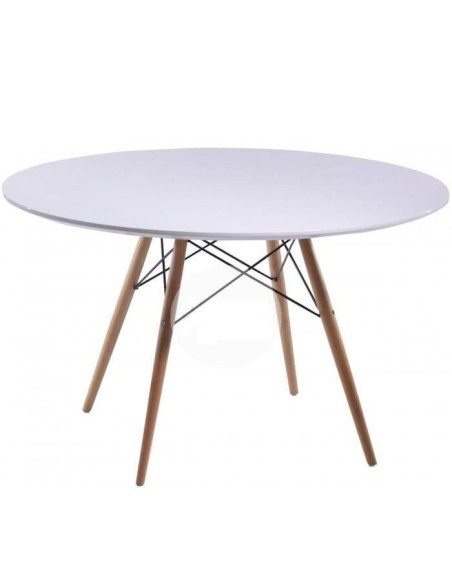 Mesa de comedor de diseño TOWER inspirada en Eames, patas madera natural, sobre lacado blanco brillo 120 cm de diámetro