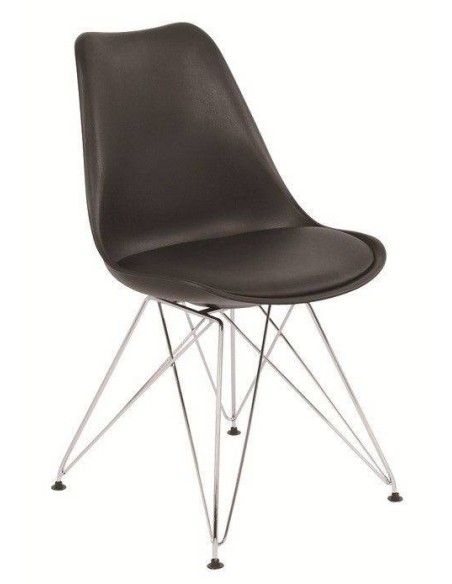 Silla de comedor de diseño Tower,patas cromadas, cojin en simil piel