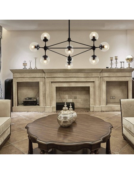 Luminária EDITE, 10 tulipas de vidro, metal preto.