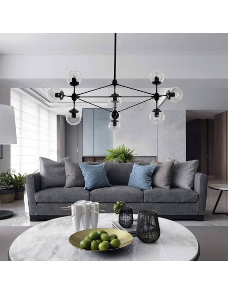 Luminária EDITE, 10 tulipas de vidro, metal preto.