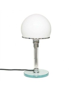 Lámpara de mesa de diseño BAU inspirada en W. Wagenfeld, base cristal, tulipa blanca