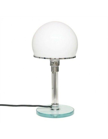 Lámpara de mesa de diseño BAU inspirada en W. Wagenfeld, base cristal, tulipa blanca