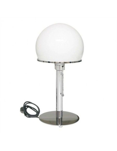 Lámpara de mesa de diseño BAU inspirada en W. Wagenfeld, base cromada, tulipa blanca