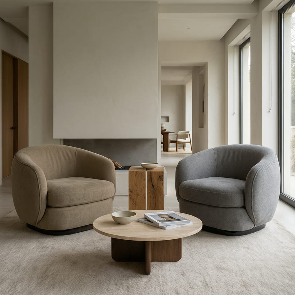 Composición de butacas curvas y mesas auxiliares bajas en un salón de estilo mid-century