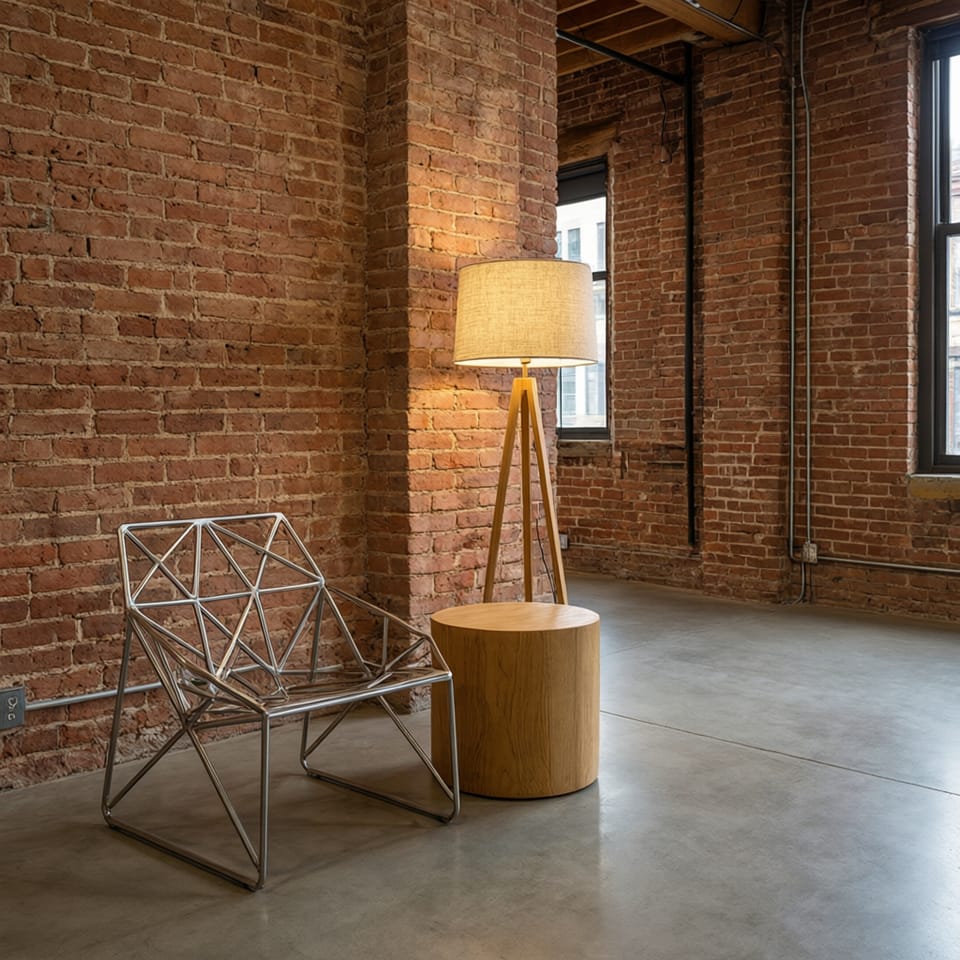 Interior contemporáneo con mobiliario de diseño tubular junto a una mesa auxiliar de madera