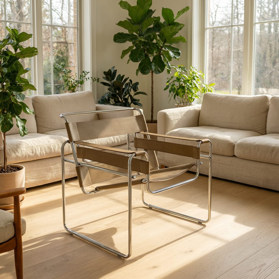 Salón minimalista con una butaca de líneas geométricas metálicas y textiles cálidos