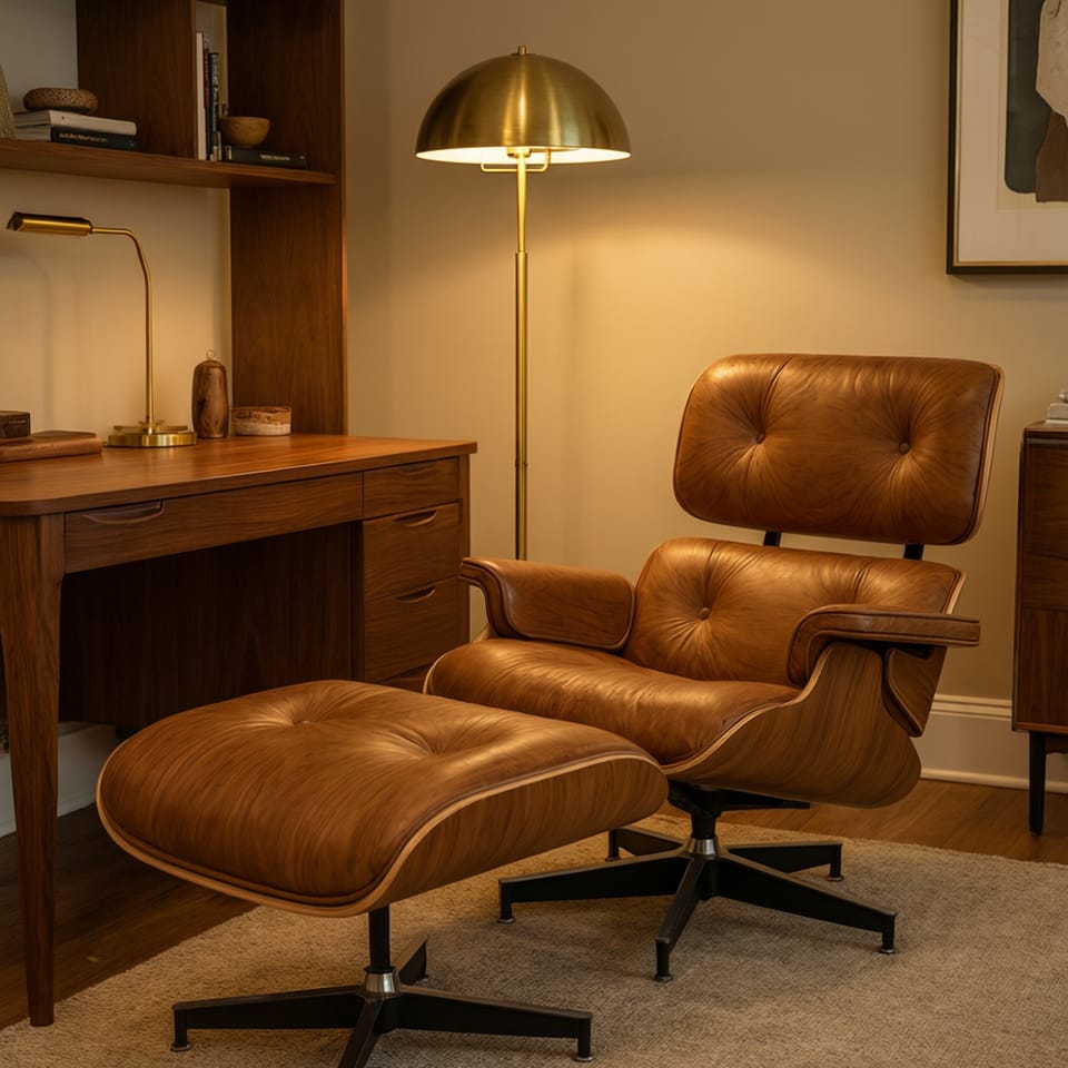 Sillón de contrachapado curvado acompañado de un reposapiés en un despacho doméstico elegante