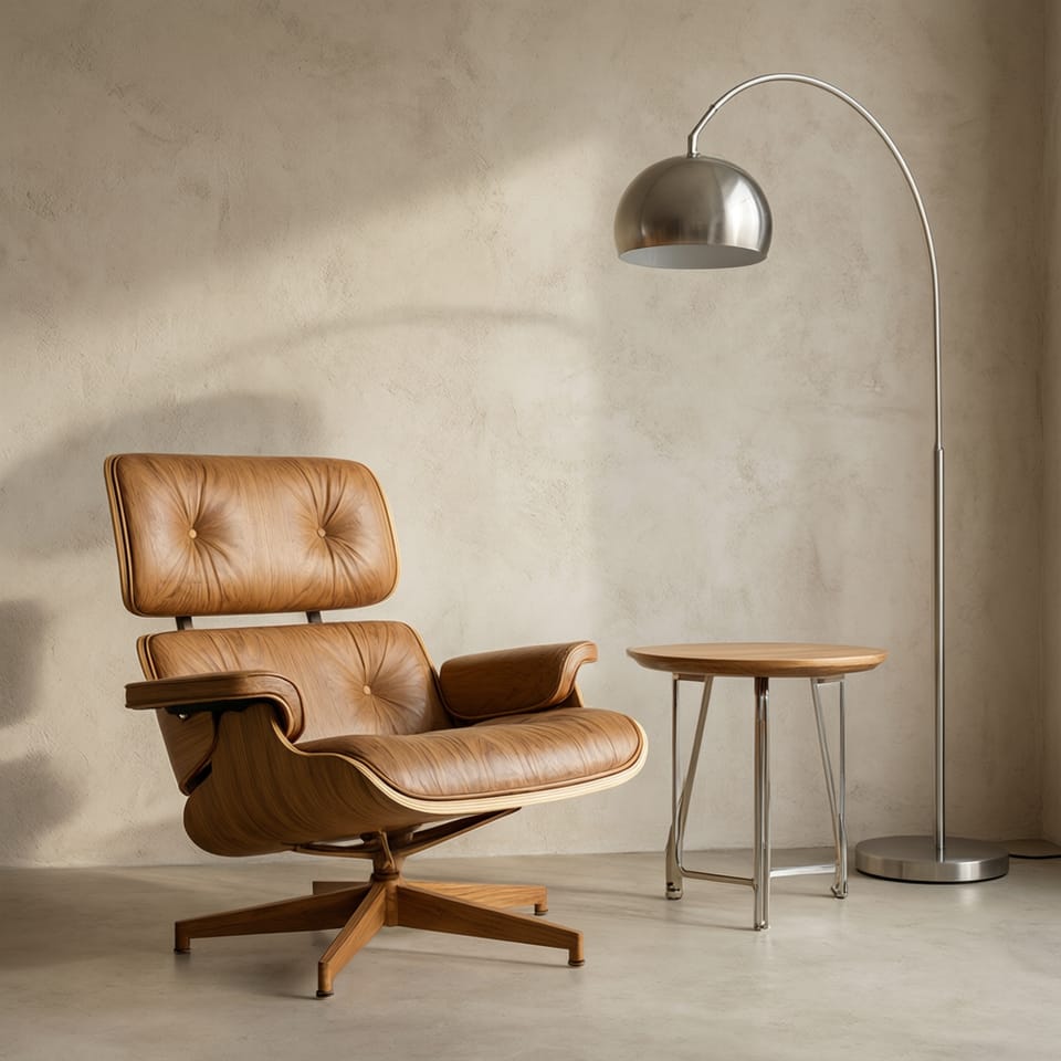 Vista lateral de una butaca de diseño mid-century junto a una lámpara de pie y una mesa auxiliar