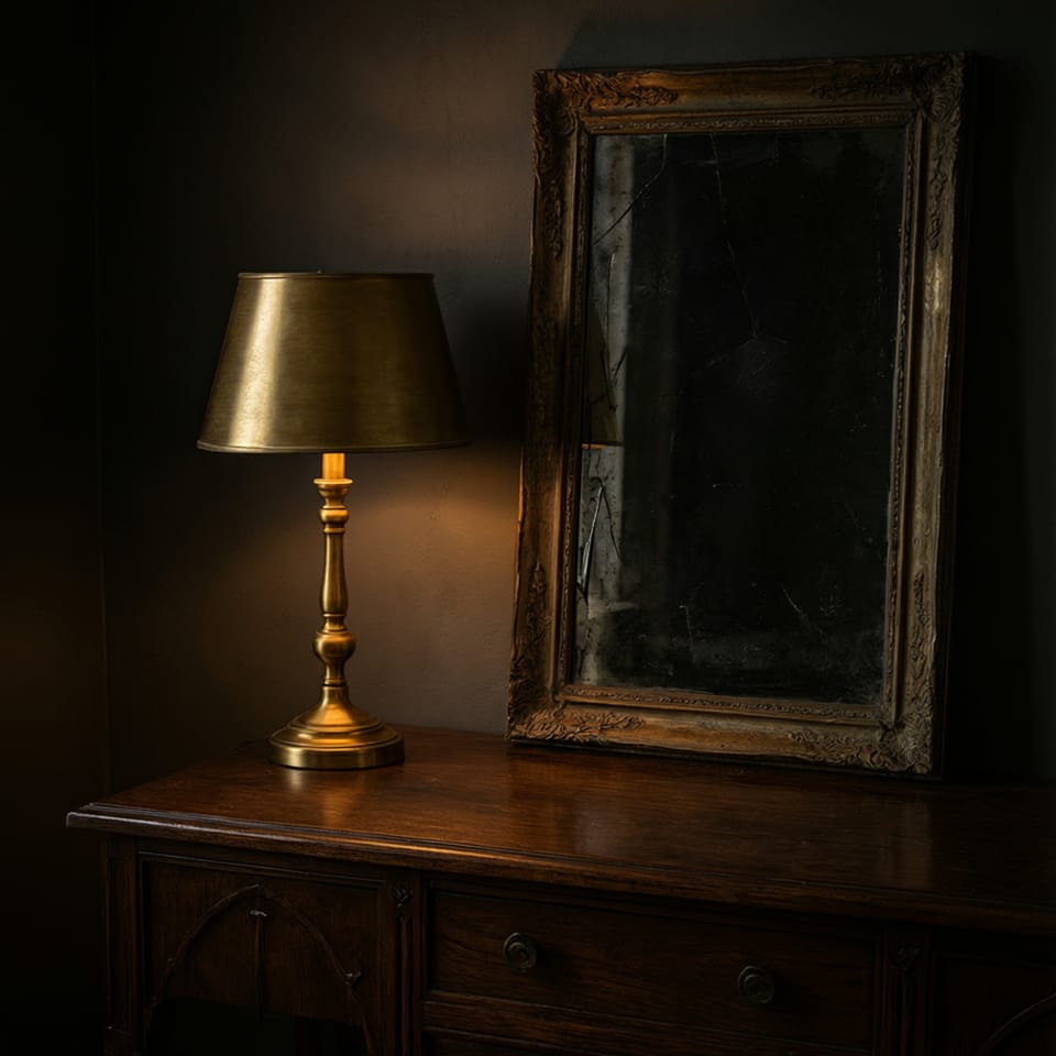 Detalle de una lámpara de sobremesa con base dorada emitiendo luz cálida sobre una consola oscura