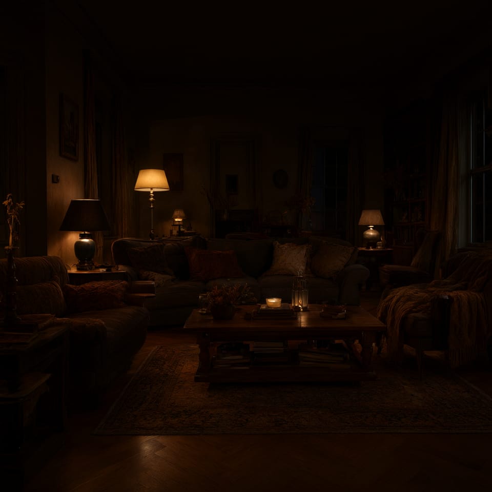 Ambiente de salón nocturno con muebles dispuestos en semicírculo y múltiples puntos de luz baja