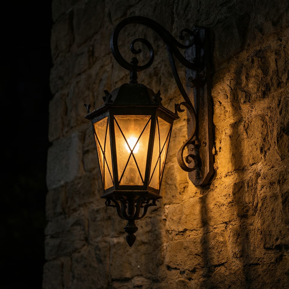 Aplique de pared rústico proyectando un cono de luz ámbar sobre un muro de piedra en un jardín oscuro