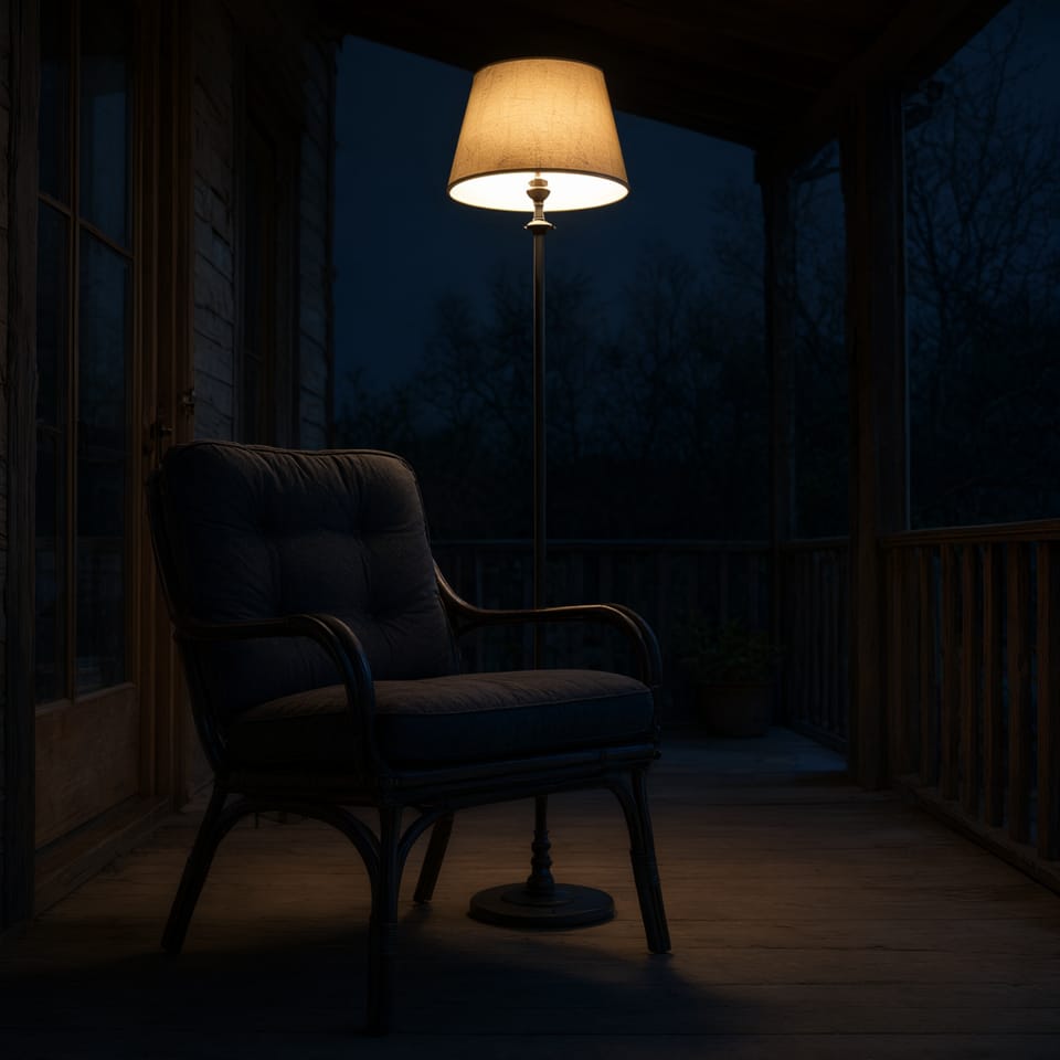 Lámpara de pie situada tras un sillón de exterior creando una silueta a contraluz en una terraza nocturna