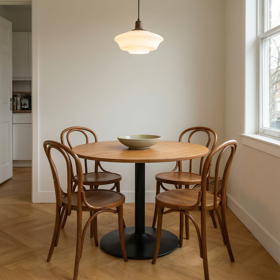 Distribución de comedor pequeño con mesa de soporte único y lámpara colgante centrada