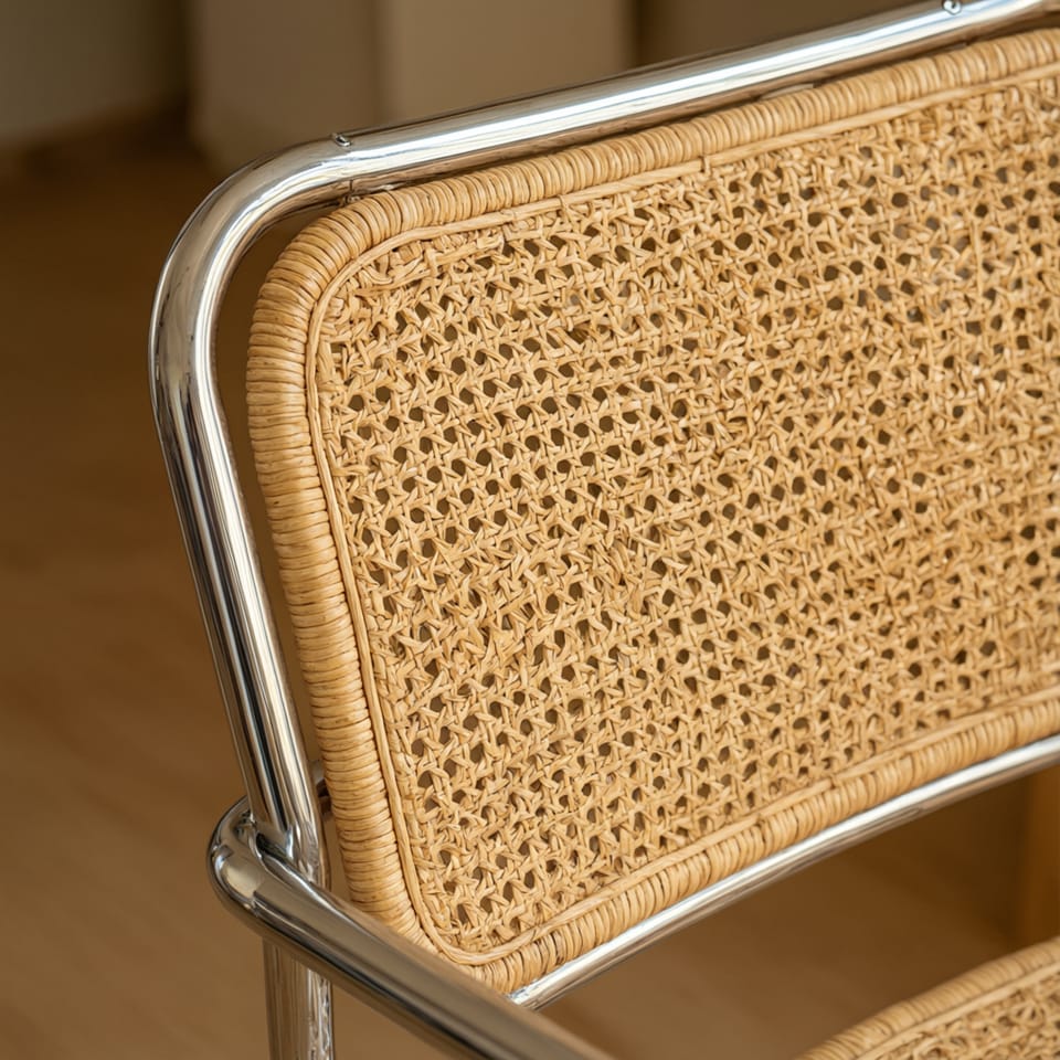 Detalle del tejido de fibras naturales en el respaldo de una silla de comedor junto a una estructura de acero curvado