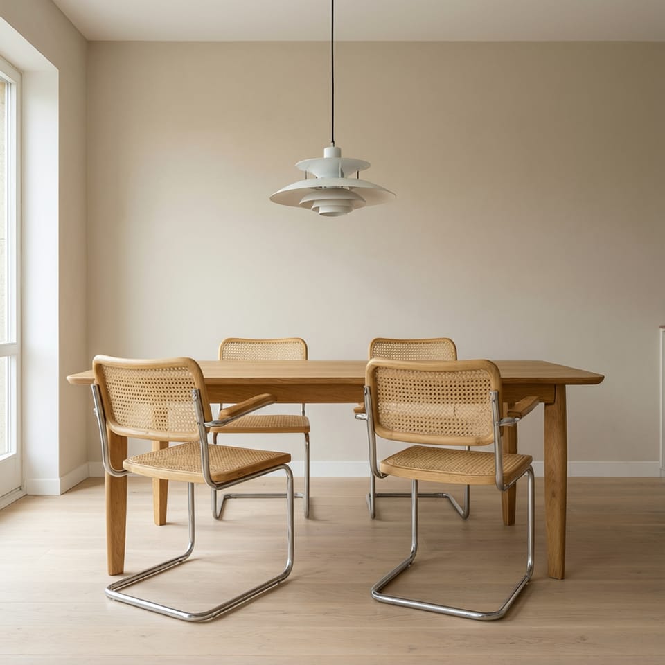 Distribución de comedor abierto estilo nórdico con sillas ligeras de metal y fibras vegetales bajo iluminación natural