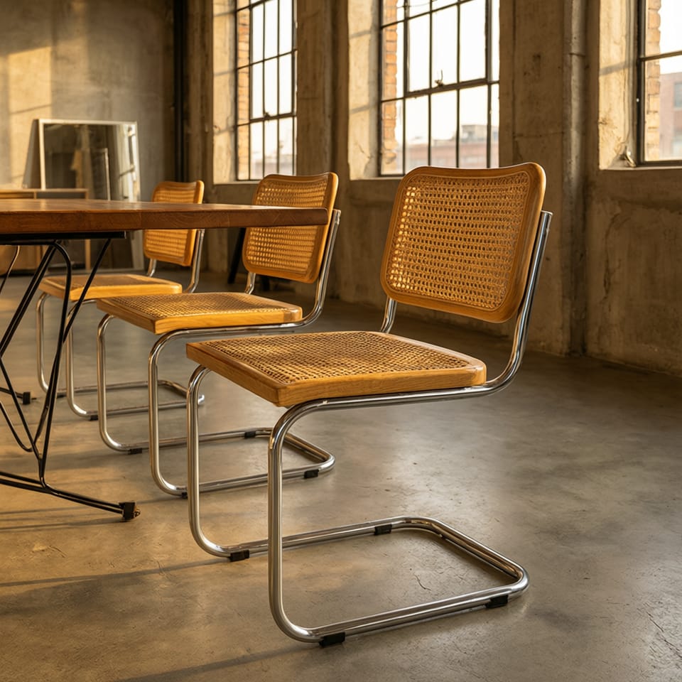 Vista lateral de sillas de comedor con base en voladizo metálica dispuestas en un espacio diáfano de estilo contemporáneo